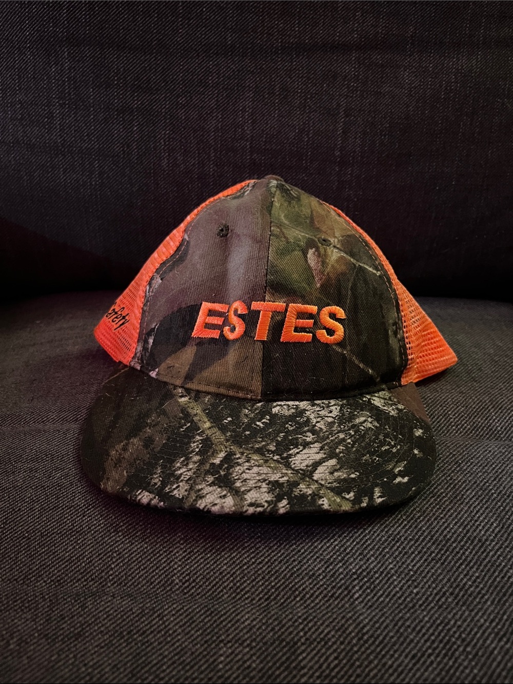 Estes Camo Trucker Hat with Orange Mesh and Embroidery
